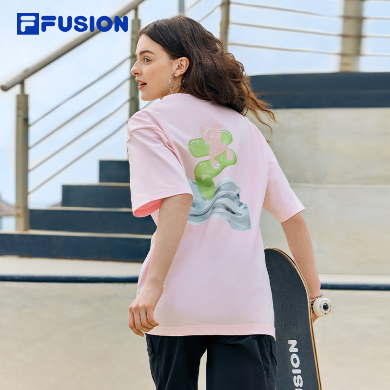 FILA FUSION斐乐潮牌情侣款针织短袖T男2024夏新款多彩纯棉T恤女 - 图1