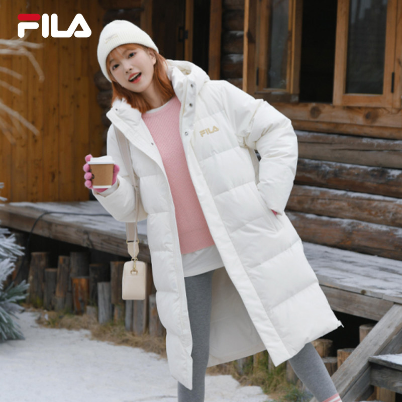 FILA斐乐情侣长款羽绒服女2025冬新款保暖防寒连帽双头拉链外套男