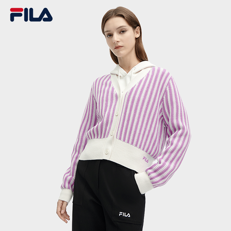 FILA 斐乐官方女士编织外套2024春季新款时尚休闲V领双色毛衣开衫 - 图1