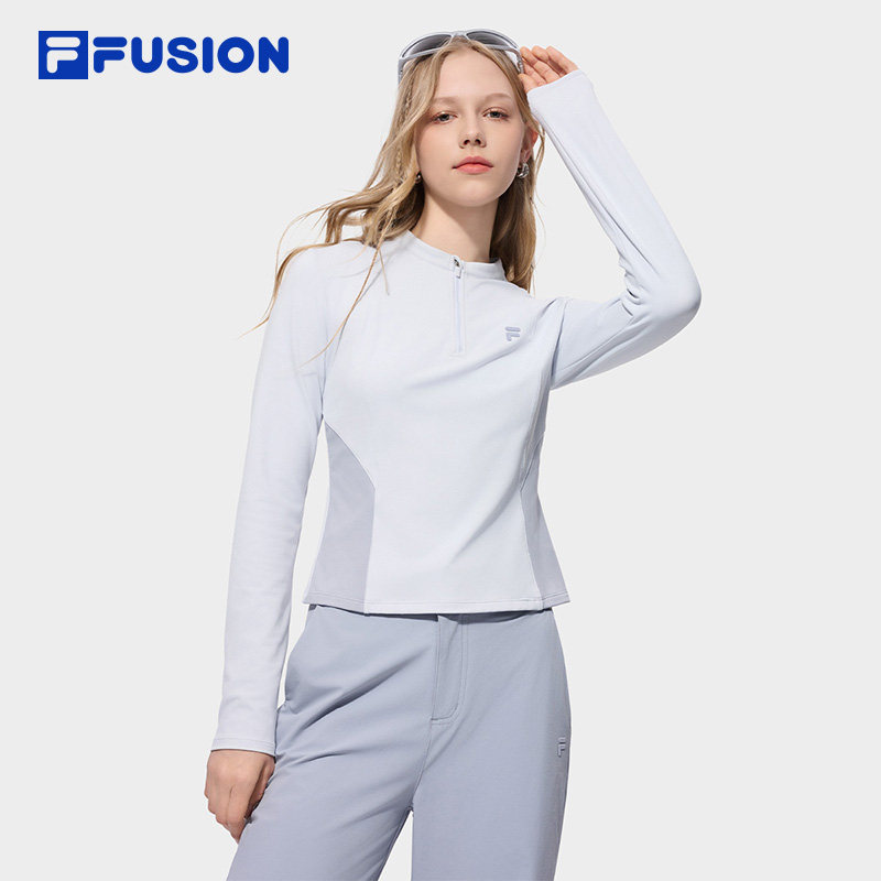 FILA FUSION斐乐潮牌女子针织长袖衫2026秋新款拼色半拉链修身长T 色针实拍商品图