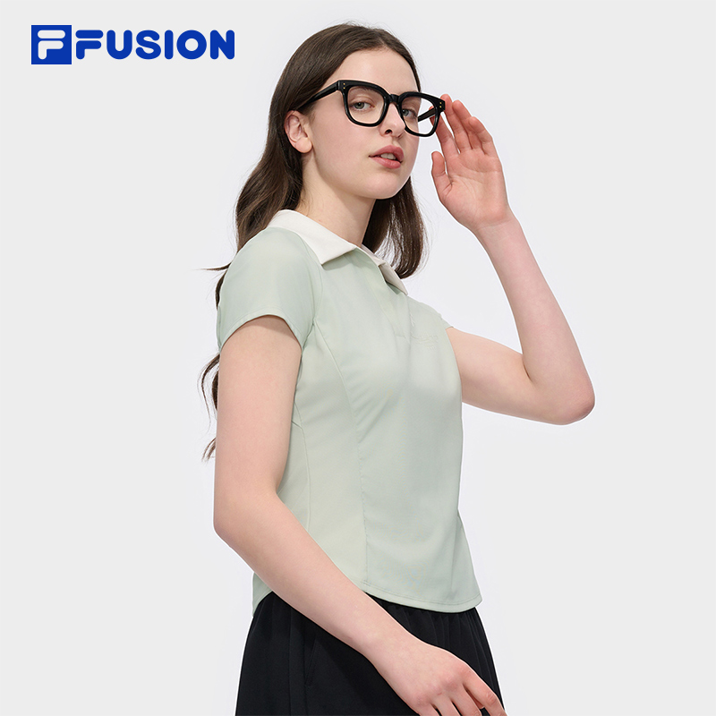 FILA FUSION斐乐潮牌女子针织短袖POLO衫2025夏新款时尚修身上衣 - 图0