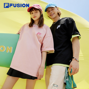 FILA FUSION斐乐潮牌多彩运动短袖T恤夏季纯棉宽松情侣上衣男女