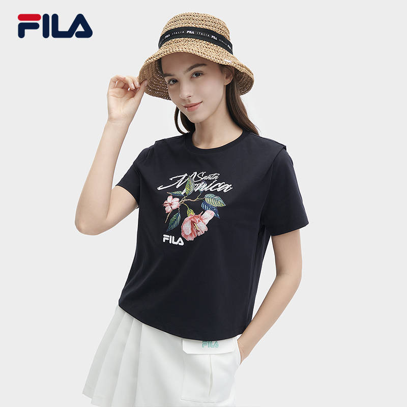 FILA 斐乐官方女子针织短袖衫2024夏新款时尚凉感花束刺绣宽松T恤 - 图1