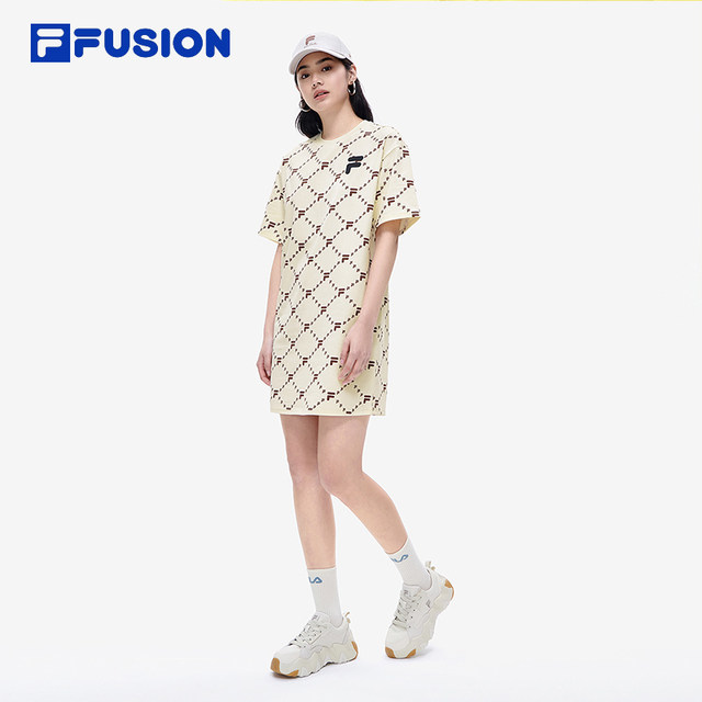 FILA FUSION 斐乐潮牌连衣裙女老花满印圆领运动休闲宽松显瘦裙子