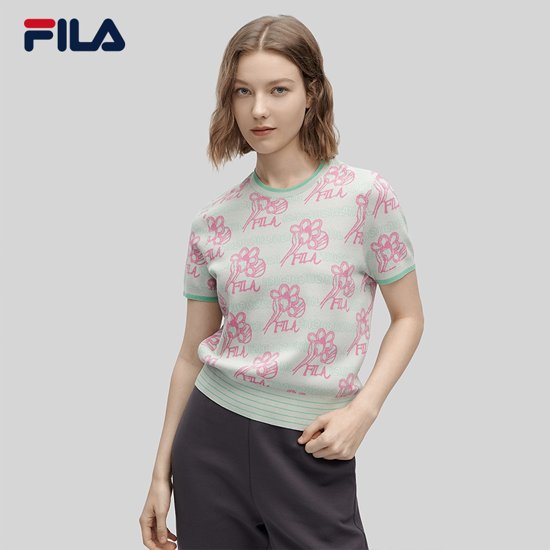 FILA Emerald斐乐女子编织衫2024春新款时尚休闲花朵图案短袖上衣-图1