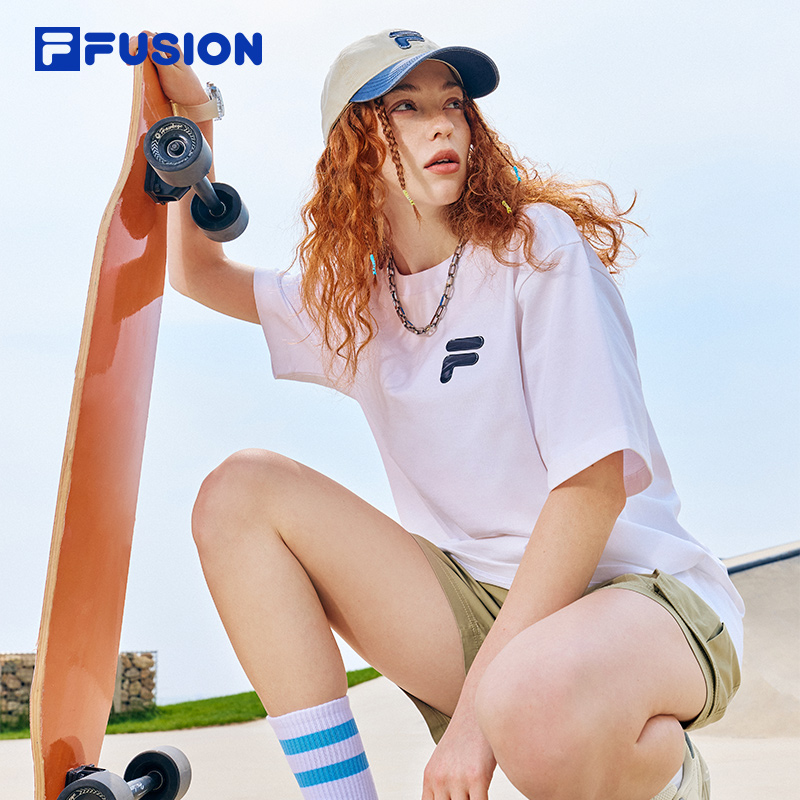 FILA FUSION斐乐潮牌情侣款针织短袖T男2024夏新款多彩纯棉T恤女-图0