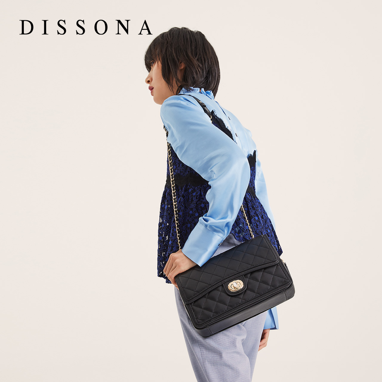 DISSONA迪桑娜女包包斜挎包 真皮單肩包女包時尚小香風菱格鏈條包