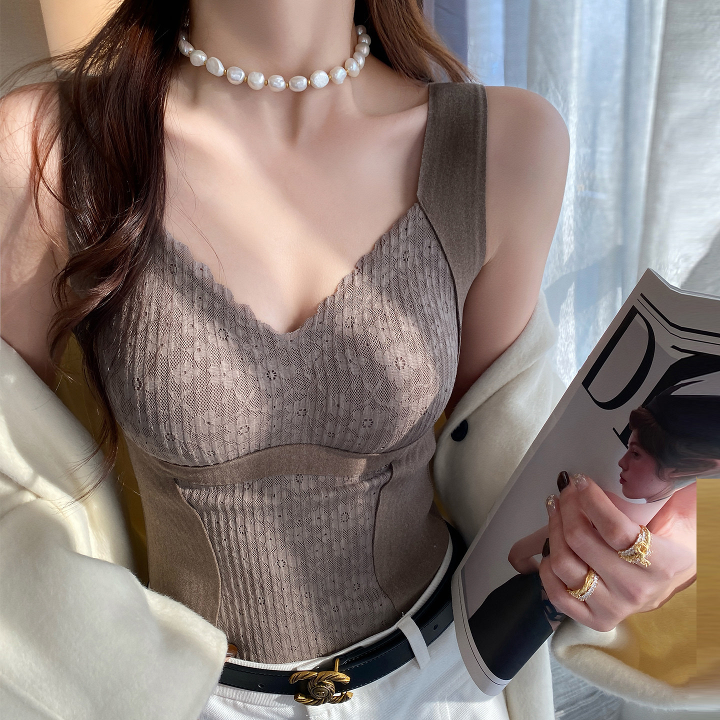 龙妹家德绒保暖背心带胸垫女内搭2025新款秋冬季加绒吊带打底上衣,淘宝优惠券,粉丝福利购,淘宝优惠卷