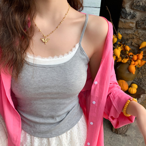 白色假两件蕾丝吊带带胸垫背心女内搭外穿2026春夏新款打底小上衣 - 图0