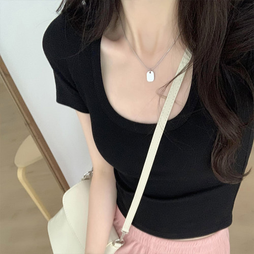 灰色U领短款短袖t恤女2026春夏新款露腰露脐黑色辣妹正肩紧身上衣 - 图0