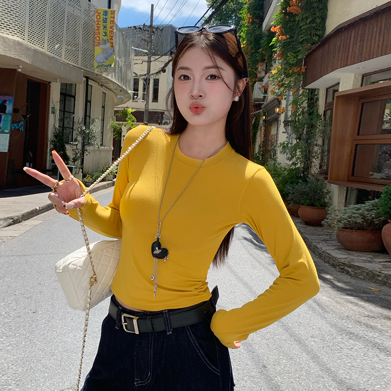 龙妹家黑色长袖打底衫女内搭2025早秋新款穿搭高级感修身短款上衣 - 图1