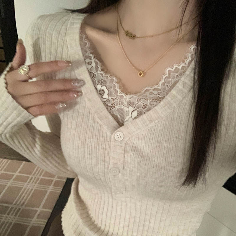 蕾丝针织打底衫女外穿2025秋季新款V领毛衣内搭洋气独特修身上衣,淘宝优惠券,粉丝福利购,淘宝优惠卷