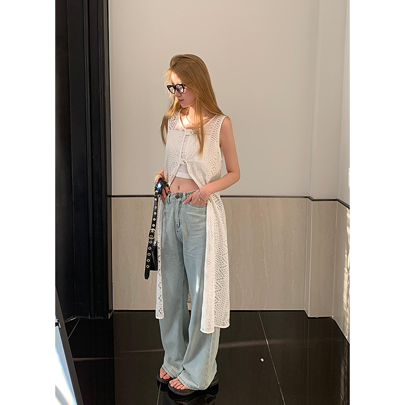 蕾丝镂空针织吊带马甲背心连衣裙女夏季穿搭开衫长款外搭叠穿罩衫 - 图0