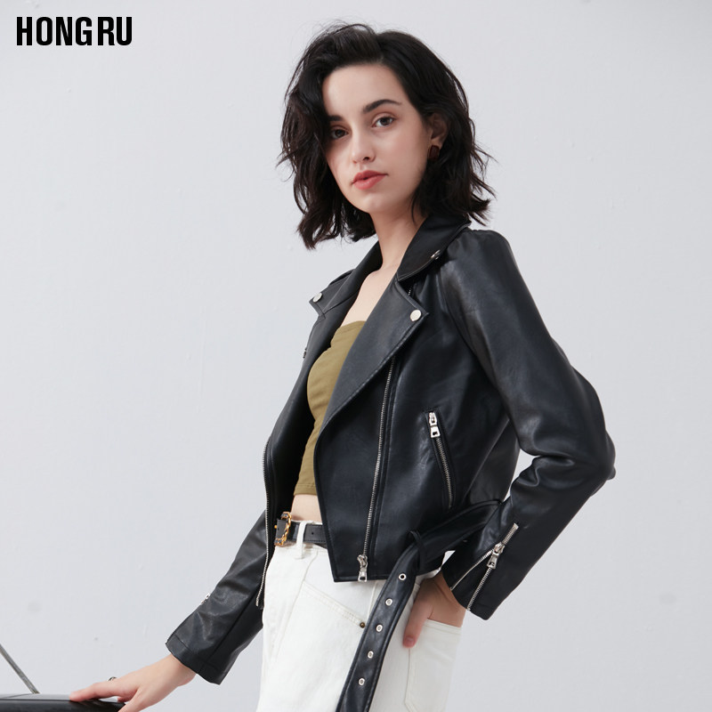 洪茹2020秋季新款pu短款修身皮夹克 honru皮衣
