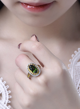小红书推荐高定珠宝T方钻戒 镶黄钻仿天然祖母绿碧玺彩宝开口戒指