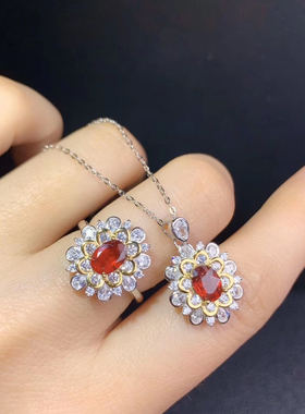 网红直播彩宝饰品套装仿天空蓝托帕石项链 鸽血红宝石开口戒指女