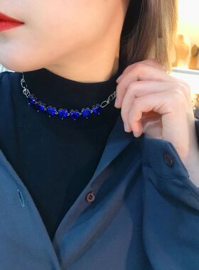 ins风网红同款情绪克莱因蓝 原创锆石一串爱心荆棘链条初秋短项链