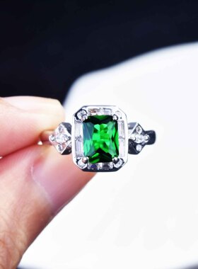 新品时尚气质长方形仿真祖母绿碧玺开口戒指女 群镶锆石活口指环