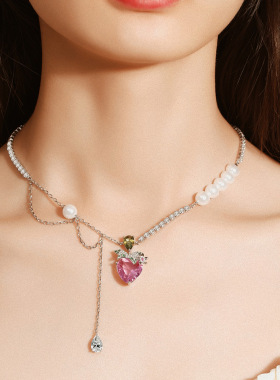 925银网红同款超可爱心形粉钻耳钉女 流苏珍珠冰糖草莓粉爱心项链