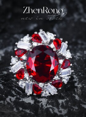 925纯银鸽血红宝石套装夸张鸽子蛋锆石吊坠彩宝耳钉开口戒指项链