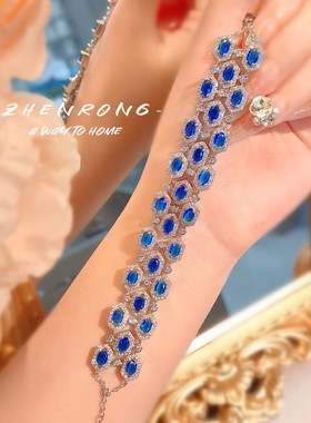 璀璨多面切割仿鸽血红红宝石手链女满天星轻奢华丽蓝手饰