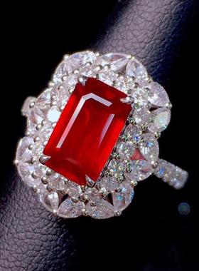 直播爆款公主方形鸽血红宝石戒指 镀18k金豪镶钻戒奢华珠宝彩宝女