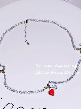 925银少女甜美爱心樱桃造型项链璀璨满天星果汁心形红色樱桃耳环
