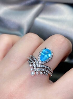 抖音直播爆款仿天然海蓝宝皇冠钻戒 高级设计珍珠彩宝叠戴戒指女