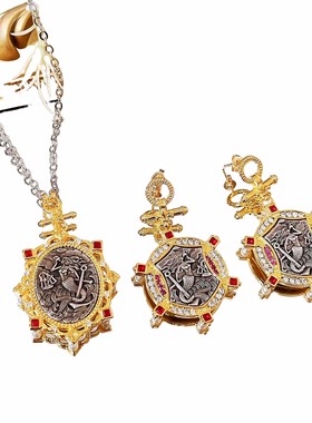 法式中古风古币项链 意大利工艺双面复刻美人鱼古币耳环复古套装
