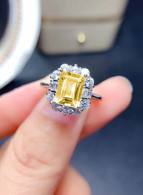 直播福利款黄钻女戒 长方形祖母绿切工仿托帕石彩宝开口戒指