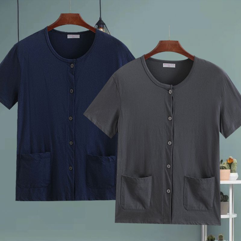 男士纯棉短袖睡衣夏季薄款宽松大码汗衫空调衫老年人开衫短袖汗衫 - 图0