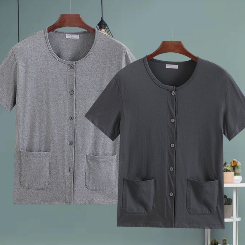 男士纯棉短袖睡衣夏季薄款宽松大码汗衫空调衫老年人开衫短袖汗衫 - 图1