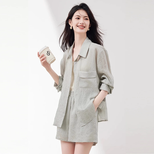 2025夏季天丝衬衫短裤防晒两件套装女休闲时尚气质减龄搭配一整套 - 图0