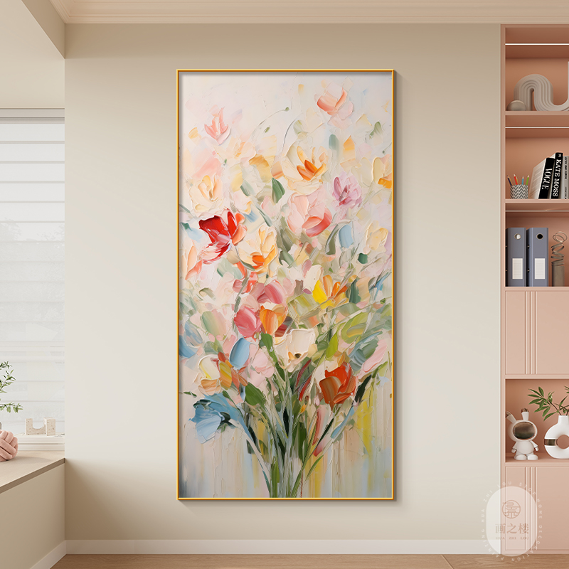 彩色肌理花卉奶油风玄关装饰画小众艺术入户门正对墙挂画竖版壁画 - 图3