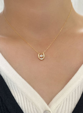 U型马蹄锆石吊坠项链包金女