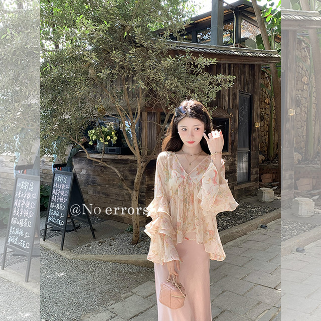 ບໍ່ມີຂໍ້ຜິດພາດບໍ່ມີຂໍ້ຜິດພາດ Monet Garden romantic ພິມ chiffon wrinkled ruffle ເທິງ 26 ແບບ summer ໃຫມ່