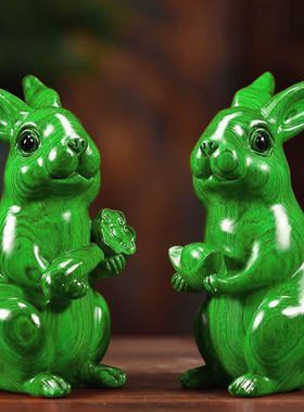 风水用绿色木雕兔子摆件可爱兔木质公母福财兔工艺品家居客厅装饰