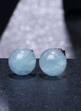 天然海蓝宝水晶玉石耳钉水晶原石打磨925纯银耳饰品防过敏银耳钉