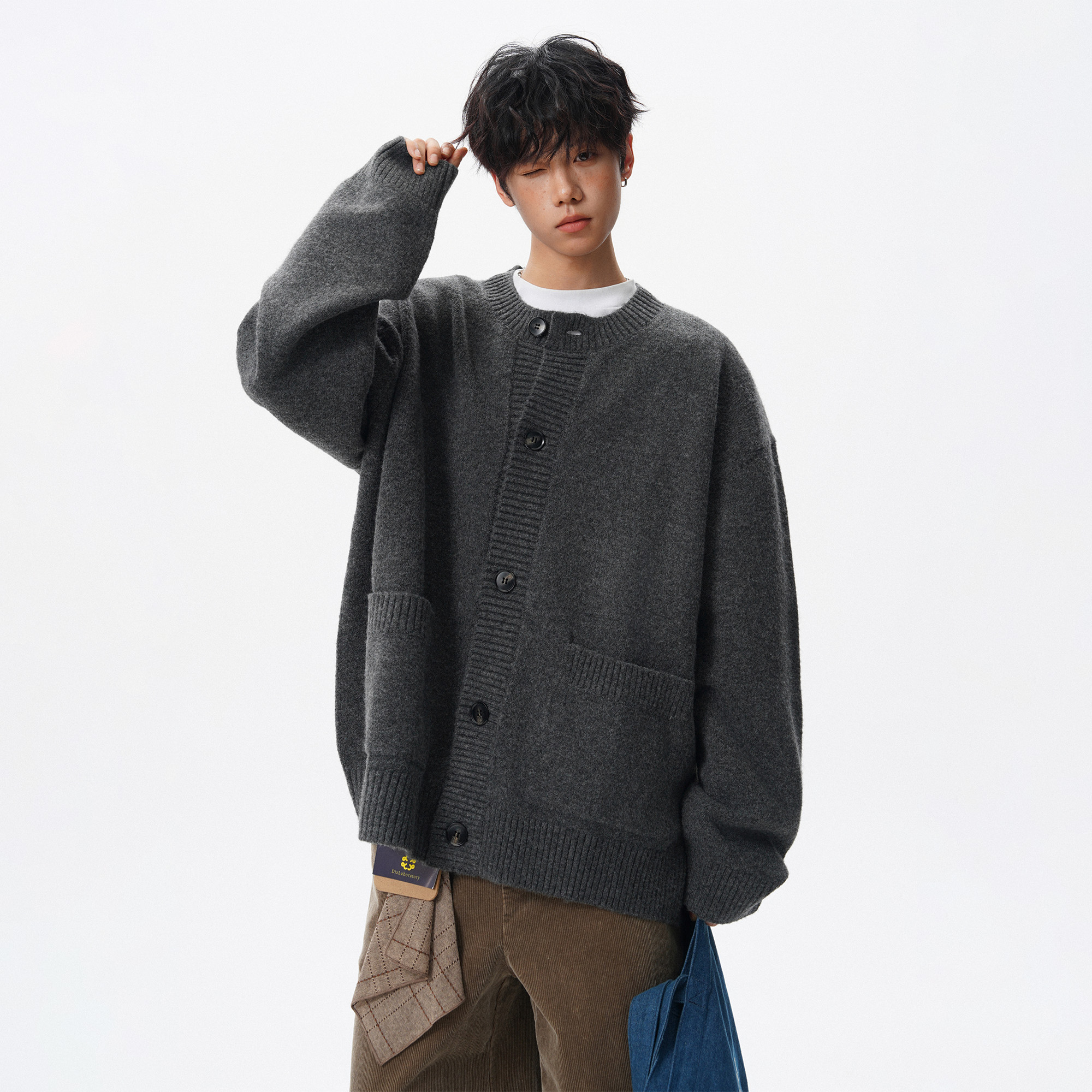 胖胖哥美式羊毛混纺毛衣开衫男秋季慵懒风针织衫大码宽松休闲外套 - 图1