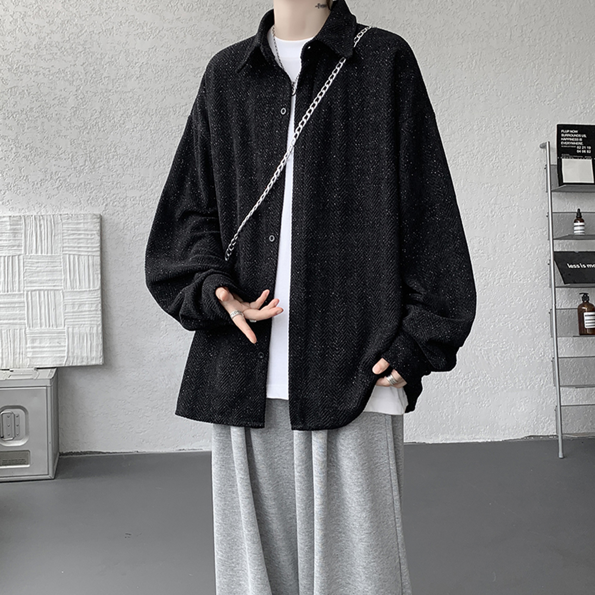 胖胖哥斑马纹小香风外套男秋季痞帅纹理感衬衫潮牌宽松休闲夹克潮 - 图3