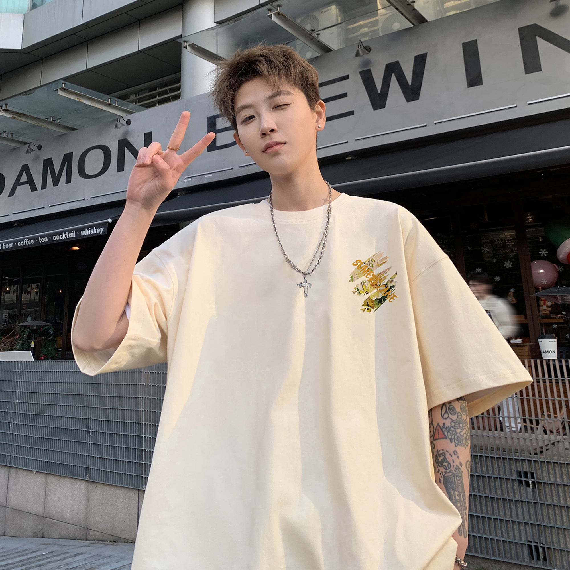 胖胖哥印花短袖T恤男夏季美式ins潮流半袖上衣大码宽松男生体恤 - 图1