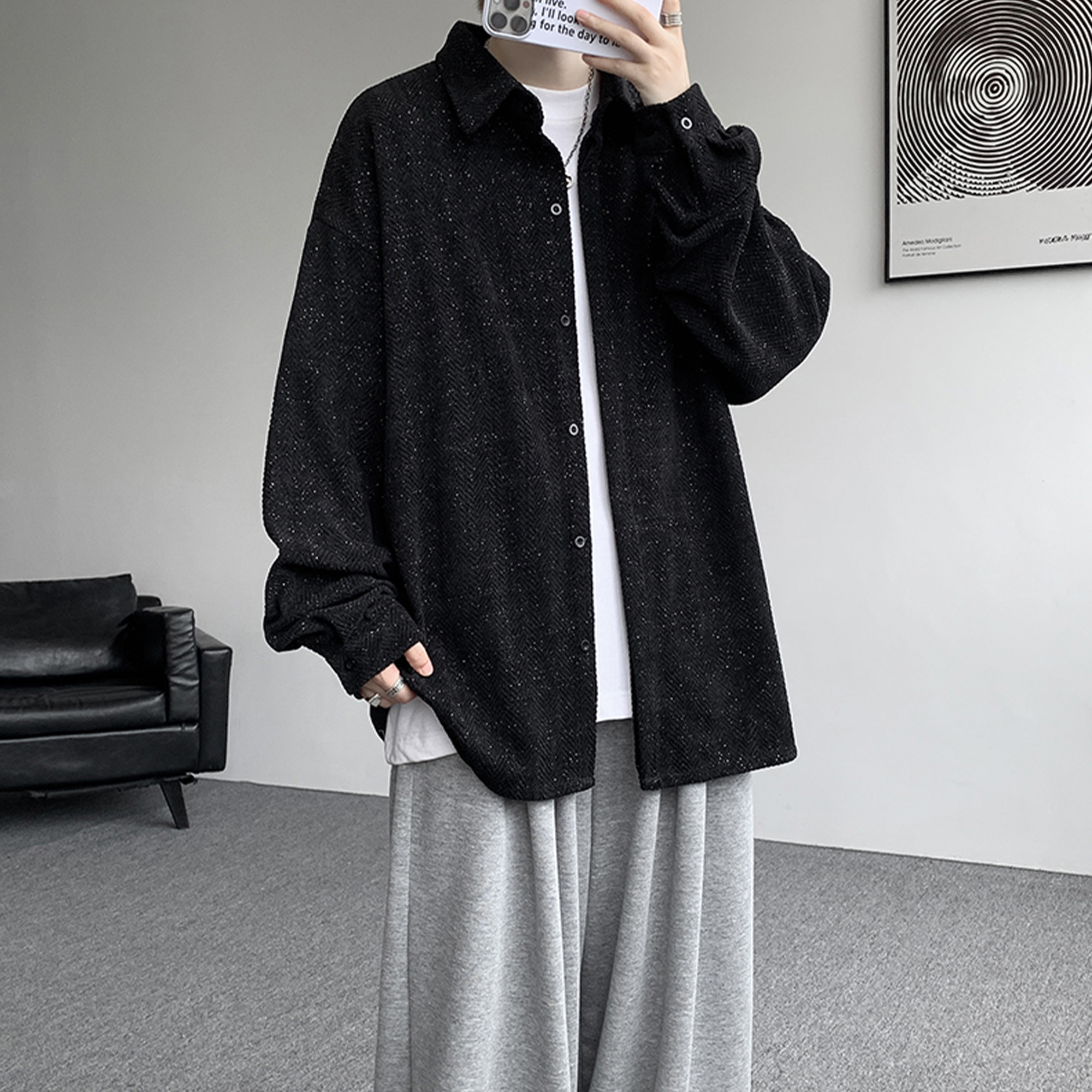 胖胖哥斑马纹小香风外套男秋季痞帅纹理感衬衫潮牌宽松休闲夹克潮 - 图0