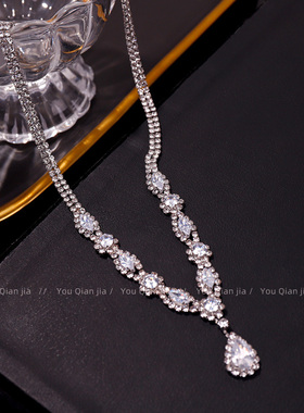 轻奢满钻水滴套链女锁骨链气质百搭高级感项链耳环套装