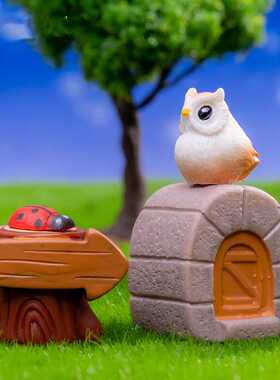 微景观魔法森林猫头鹰树牌园艺造景装饰品配件房子小草迷你小摆件