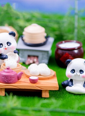 熊猫做包子场景小摆件微景观做饭厨房手办米缸茶壶灶台桌面装饰