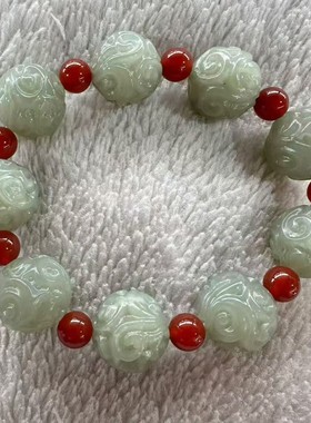 天然和田玉水草纹串珠手链 多宝仿古吉祥纹玉石圆珠子手串手饰