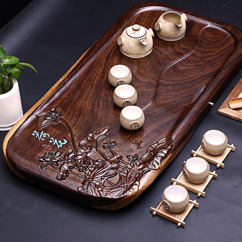 厂促荷趣 荷花荷叶黑檀茶盘实木大号整体平板家用办公室茶台茶海