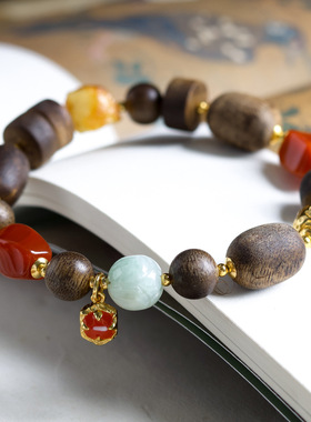 原创黄奇楠沉香木手编手链文玩蜜蜡翡翠新中式手串国风饰品女