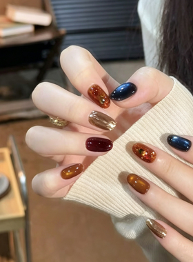 【黑糖玫瑰】新款纯手工穿戴甲琥珀色魔镜粉猫眼穿戴式美甲片10片