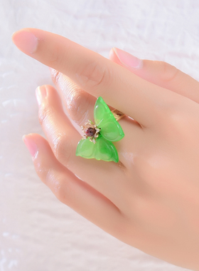 纯然女玉石宫廷复古开口戒指沙金